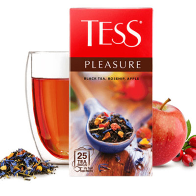 Черный чай "TESS" с шиповником и яблоком Pleasure в пакетиках 25шт